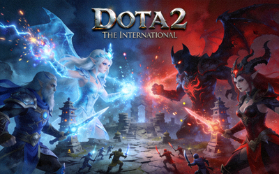 DOTA2游戏封面图片，展示天辉夜魇远古战场对抗场景